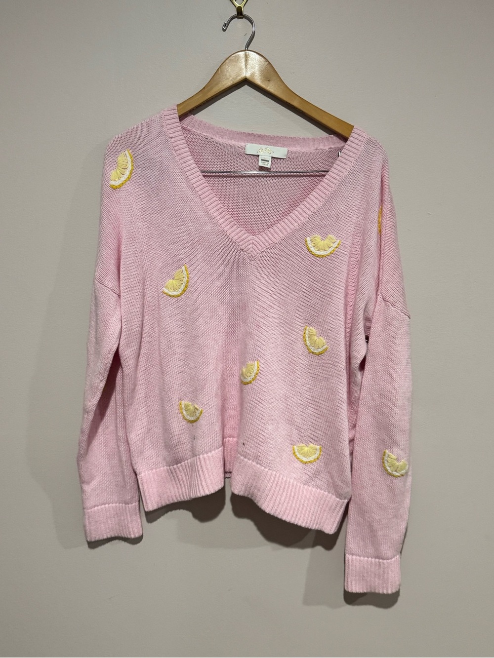 Lilly Pulitzer TENSLEY SWEATER,HEATHERED pink CHIFFON Lemon EMBROIDERY large